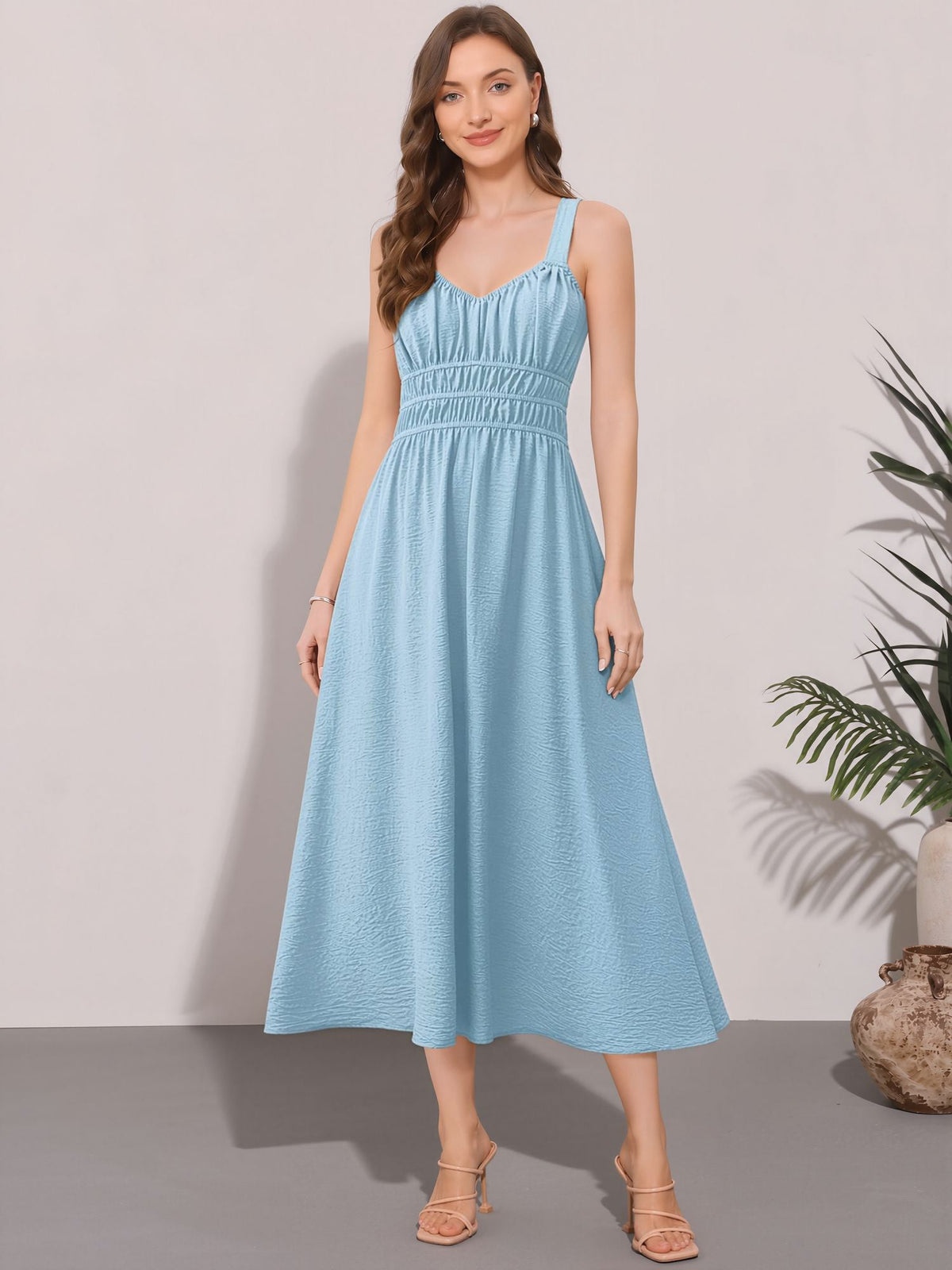 Sleeveless Ruched Lace-Up A-Line Midi Dress