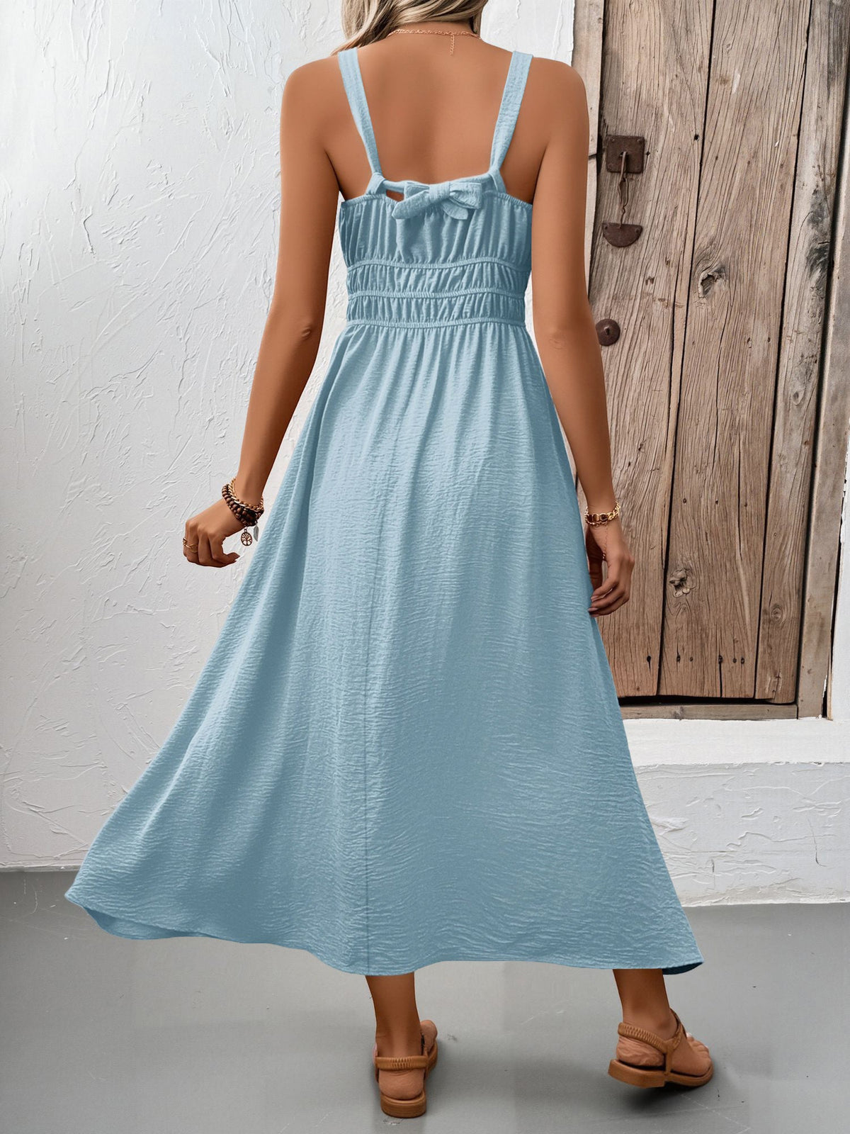 Sleeveless Ruched Lace-Up A-Line Midi Dress