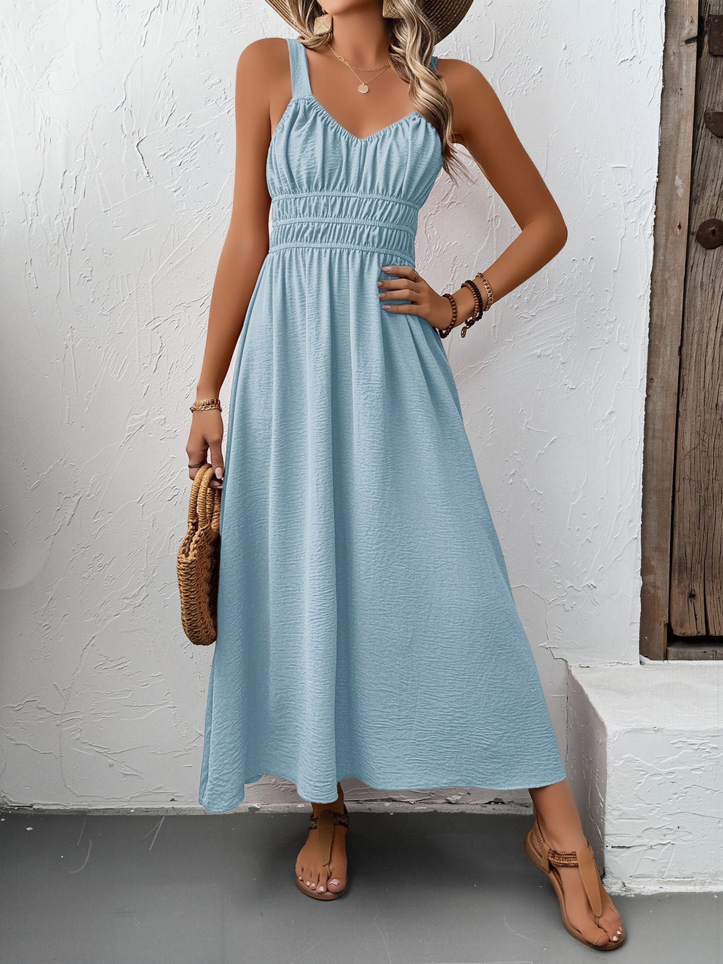 Sleeveless Ruched Lace-Up A-Line Midi Dress