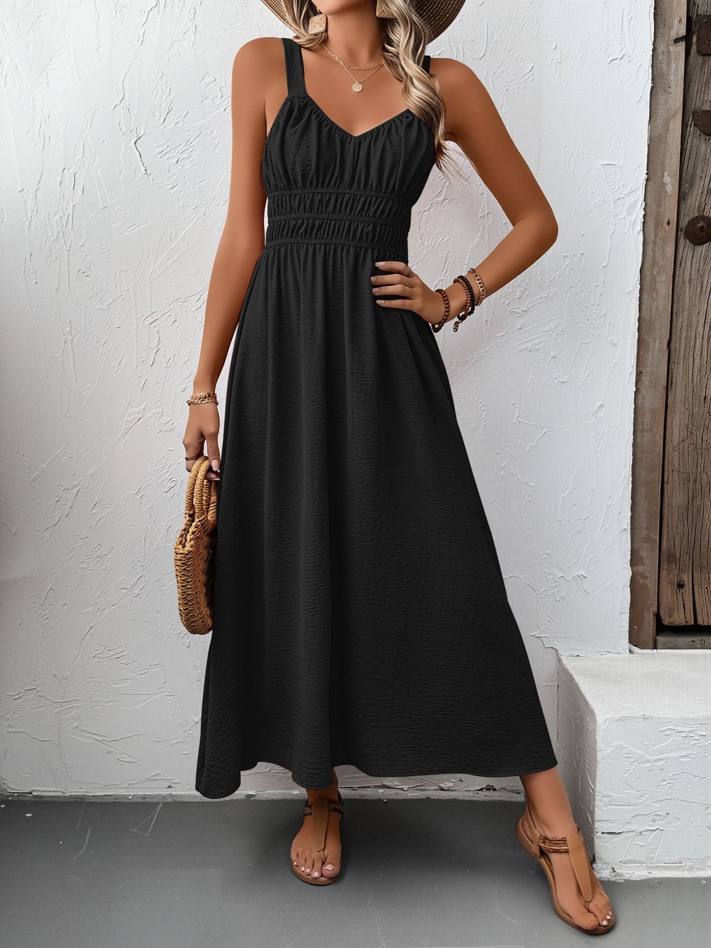 Sleeveless Ruched Lace-Up A-Line Midi Dress