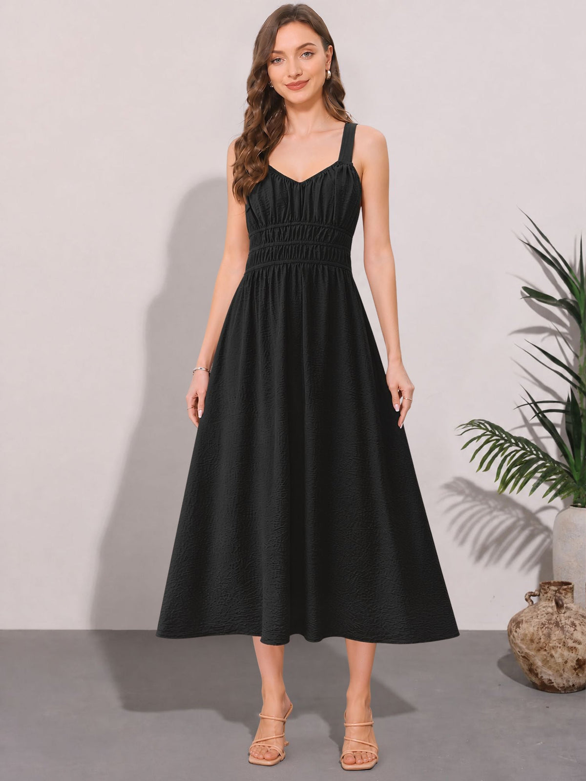Sleeveless Ruched Lace-Up A-Line Midi Dress