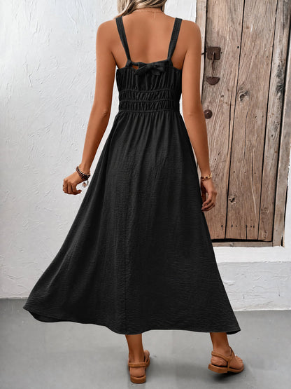 Sleeveless Ruched Lace-Up A-Line Midi Dress