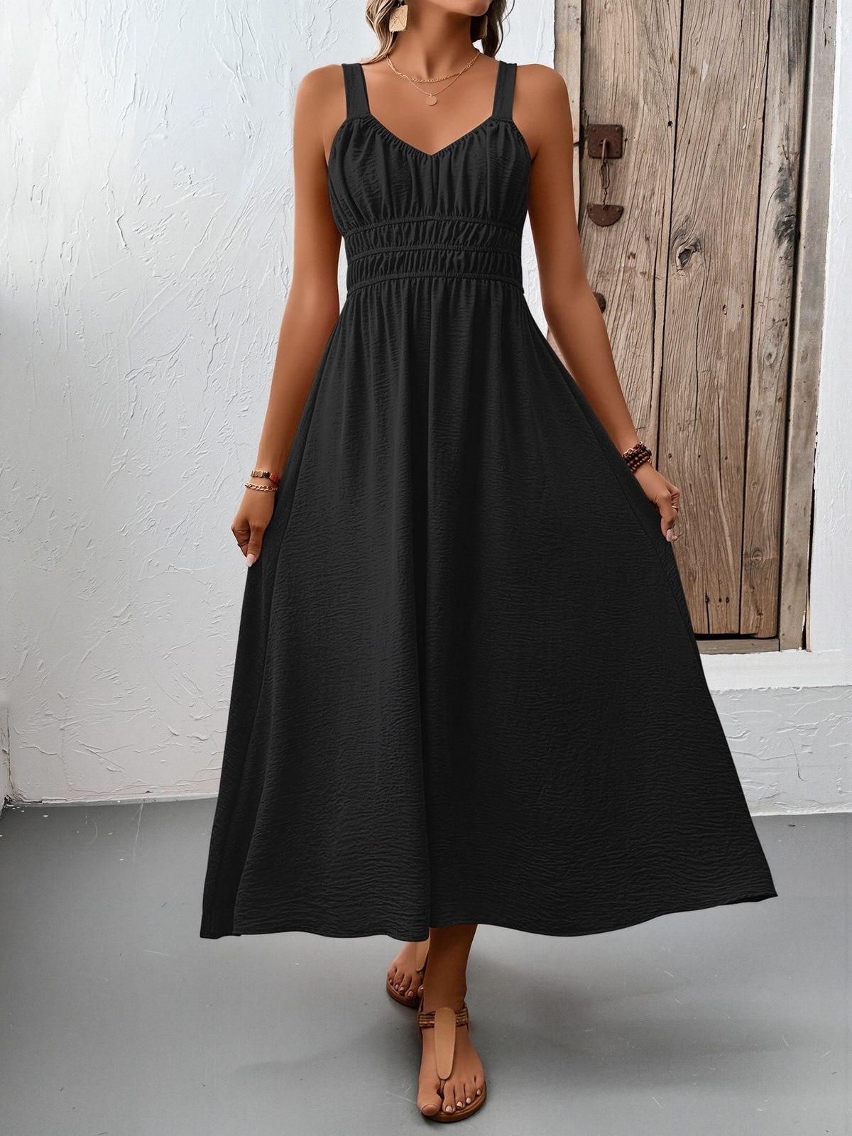Sleeveless Ruched Lace-Up A-Line Midi Dress