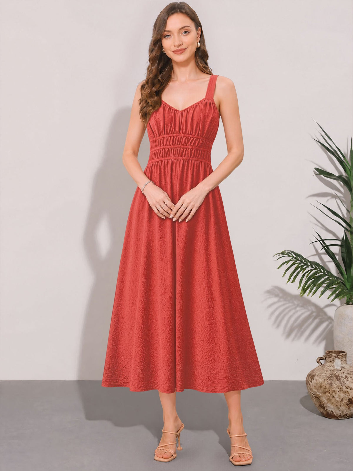 Sleeveless Ruched Lace-Up A-Line Midi Dress