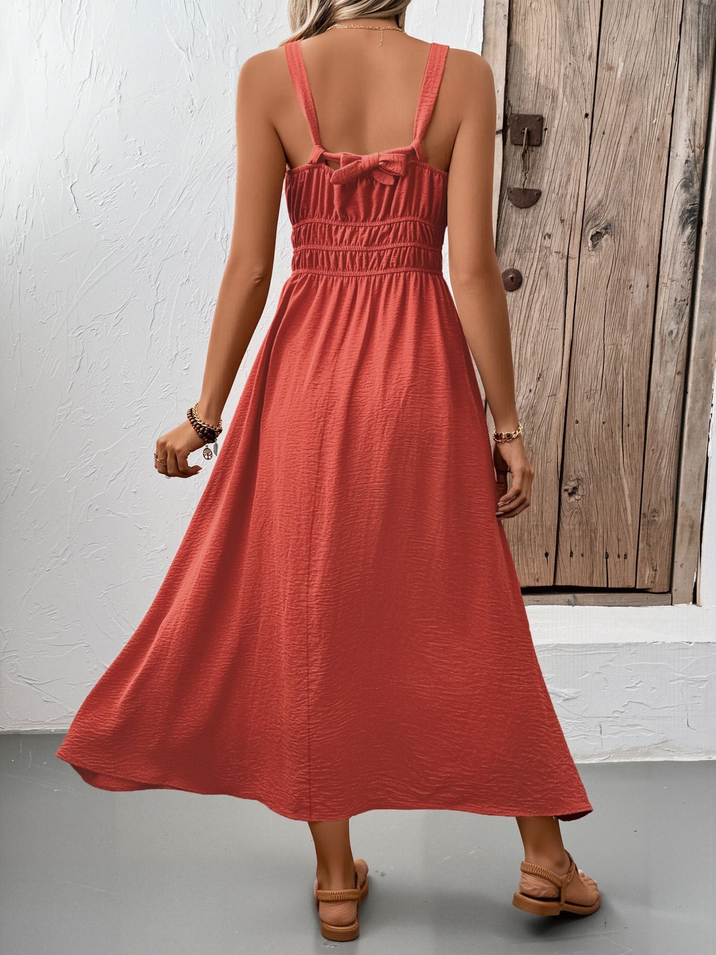 Sleeveless Ruched Lace-Up A-Line Midi Dress