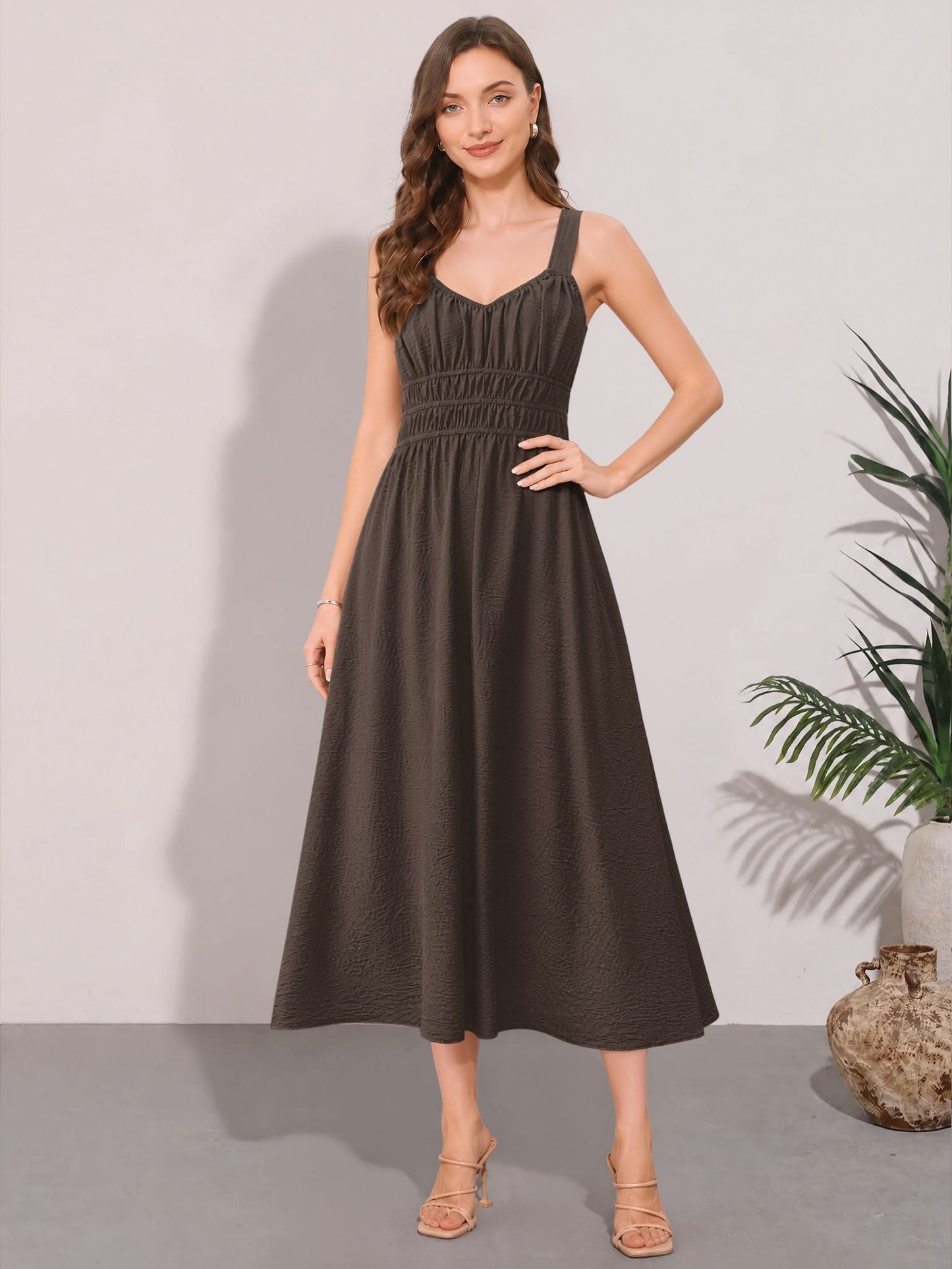 Sleeveless Ruched Lace-Up A-Line Midi Dress