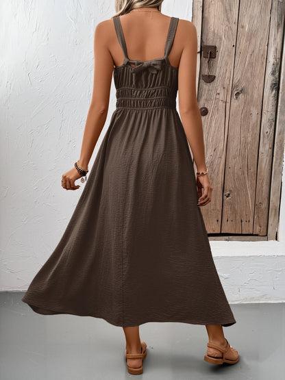 Sleeveless Ruched Lace-Up A-Line Midi Dress