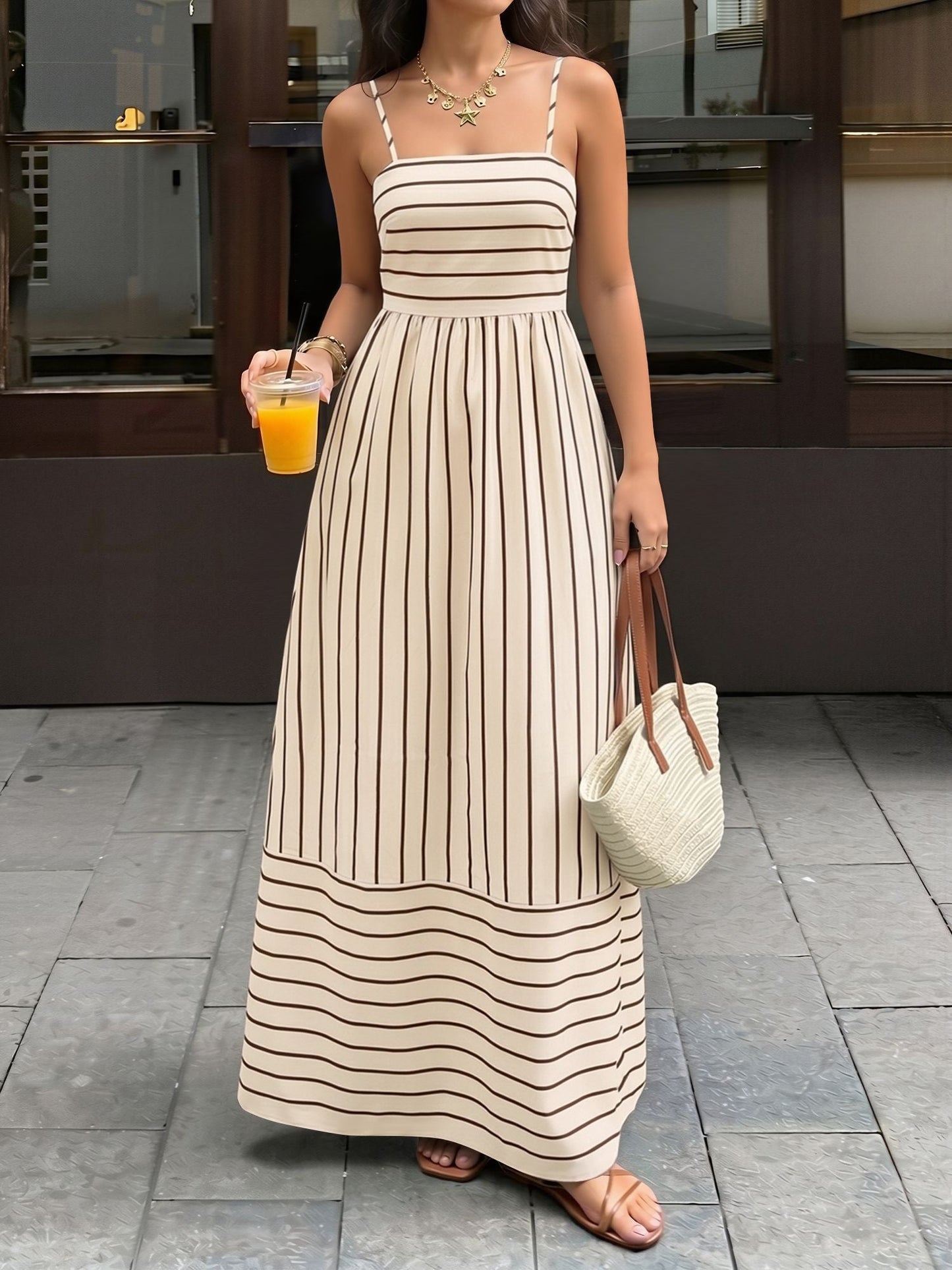 Striped Spaghetti Strap Backless Tiered Resort Dress