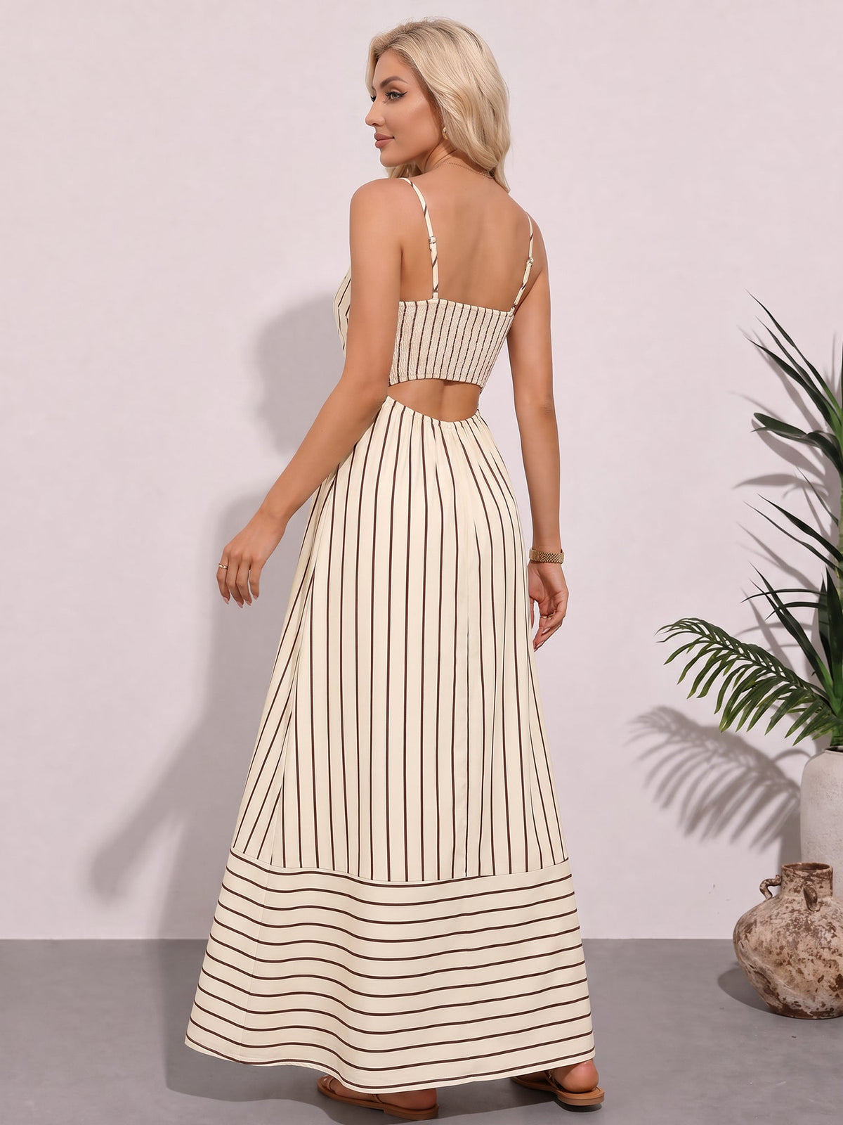 Striped Spaghetti Strap Backless Tiered Resort Dress