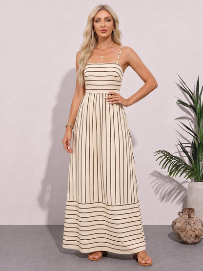 Striped Spaghetti Strap Backless Tiered Resort Dress