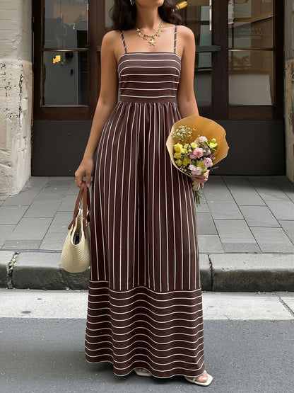 Striped Spaghetti Strap Backless Tiered Resort Dress