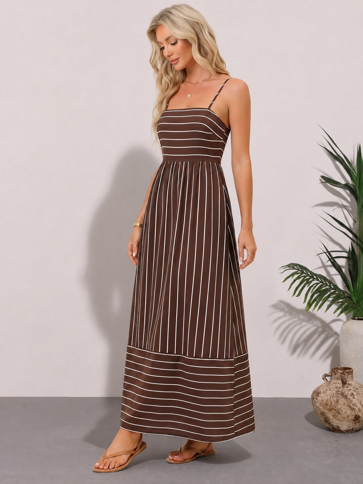Striped Spaghetti Strap Backless Tiered Resort Dress