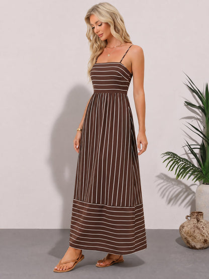 Striped Spaghetti Strap Backless Tiered Resort Dress