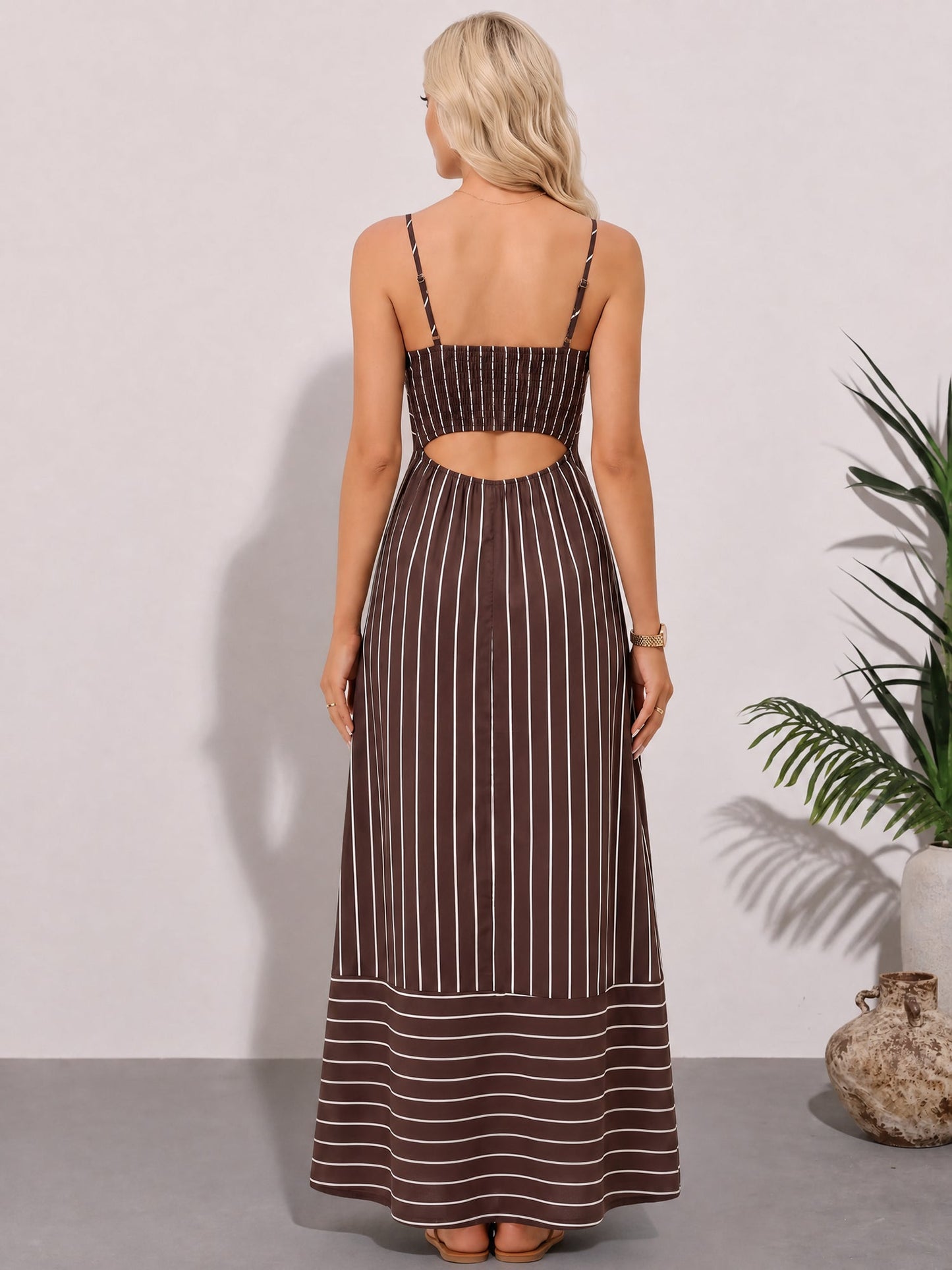 Striped Spaghetti Strap Backless Tiered Resort Dress