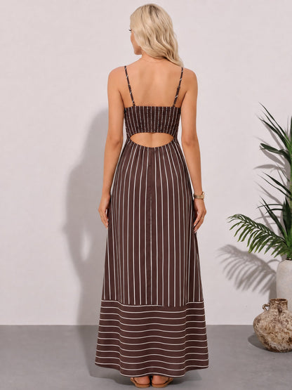 Striped Spaghetti Strap Backless Tiered Resort Dress