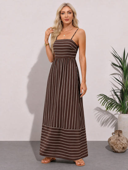Striped Spaghetti Strap Backless Tiered Resort Dress
