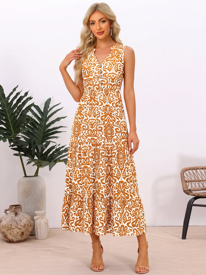Sleeveless Boho Floral Vacation Tiered Dress