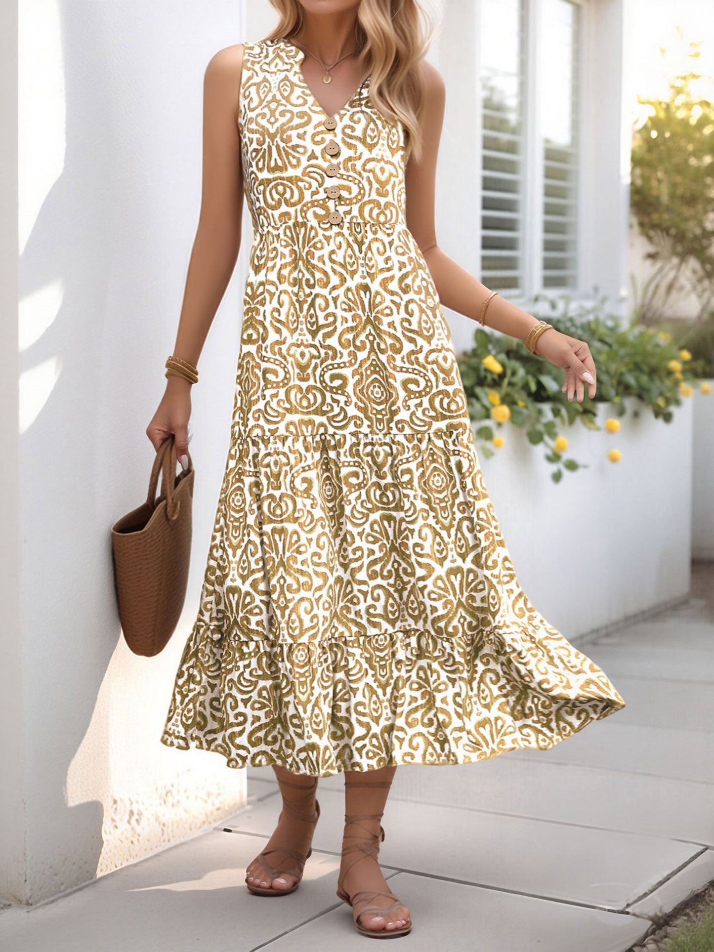 Sleeveless Boho Floral Vacation Tiered Dress