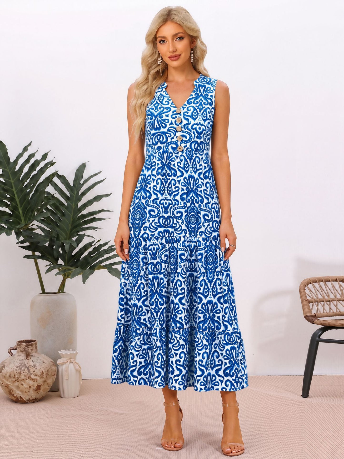 Sleeveless Boho Floral Vacation Tiered Dress