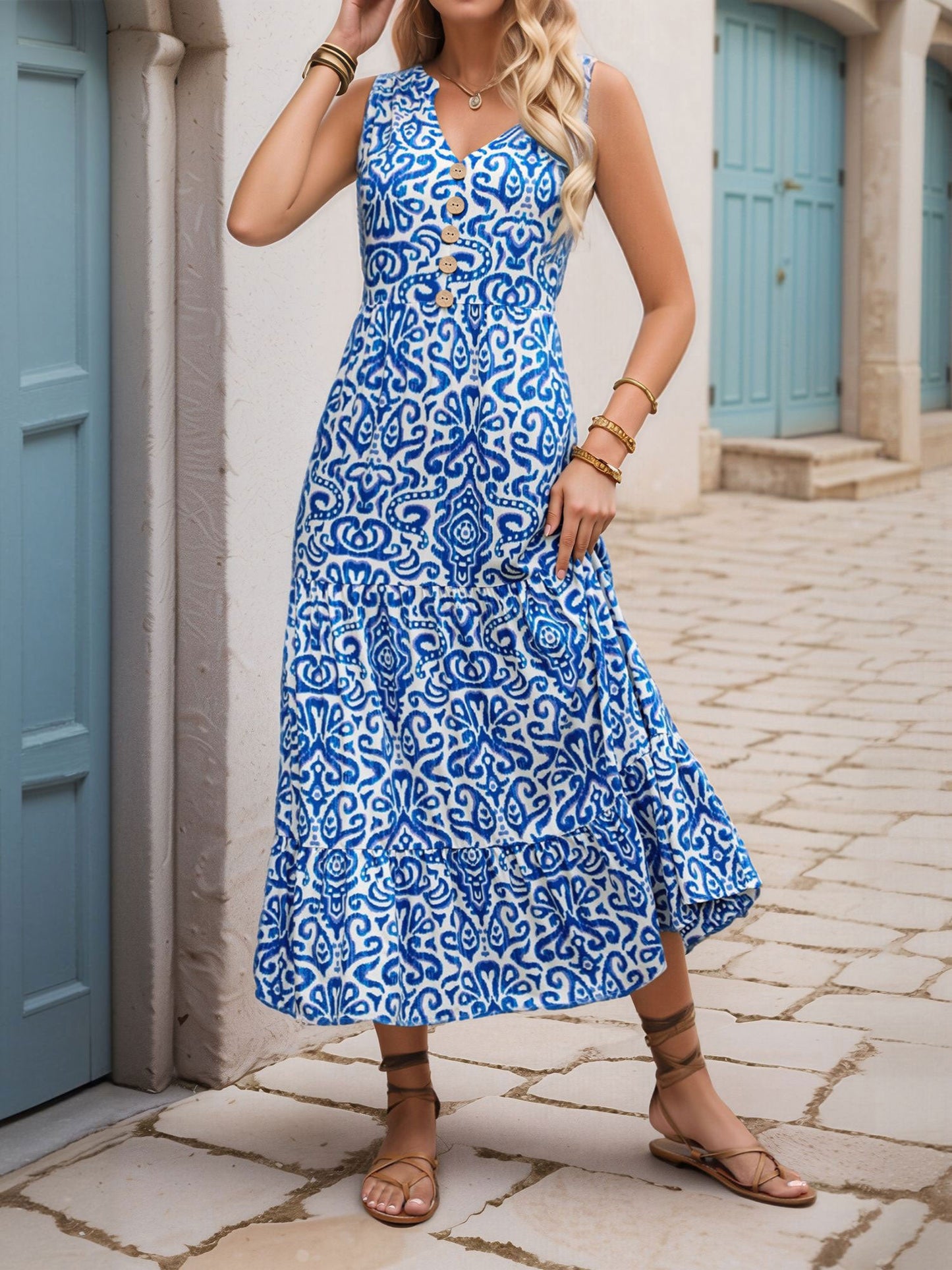 Sleeveless Boho Floral Vacation Tiered Dress