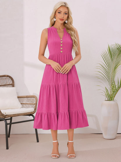 Button Decor Notch Neck Sleeveless A-Line Tiered Dress