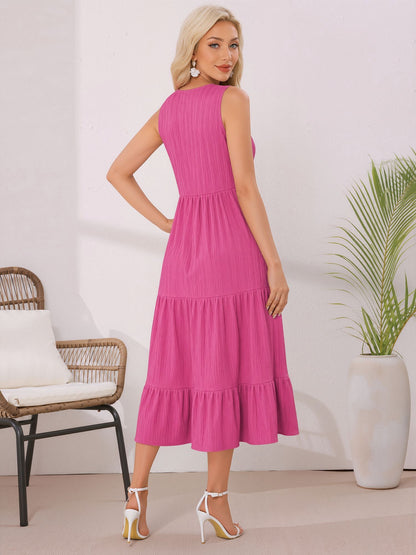 Button Decor Notch Neck Sleeveless A-Line Tiered Dress