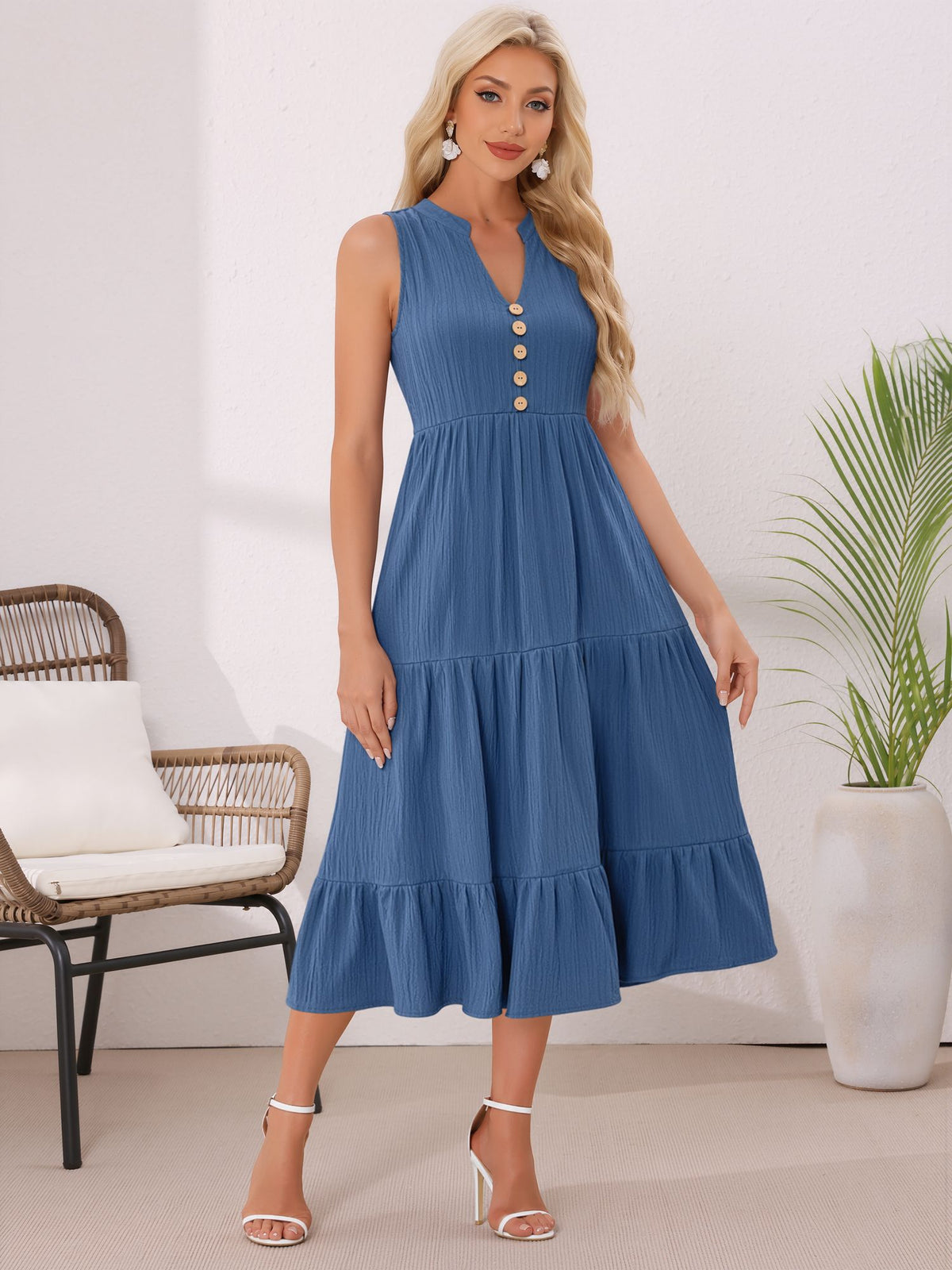 Button Decor Notch Neck Sleeveless A-Line Tiered Dress