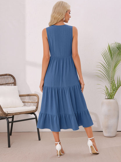 Button Decor Notch Neck Sleeveless A-Line Tiered Dress