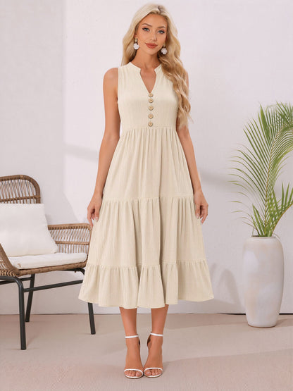 Button Decor Notch Neck Sleeveless A-Line Tiered Dress
