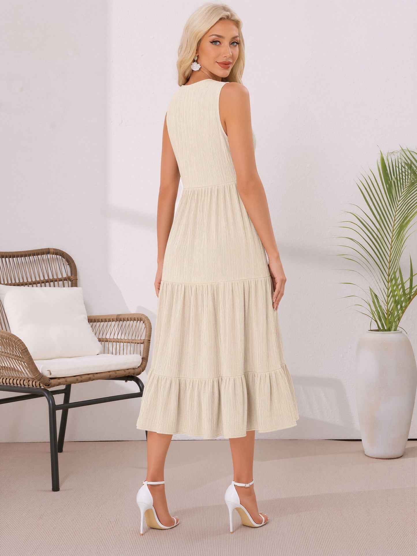 Button Decor Notch Neck Sleeveless A-Line Tiered Dress