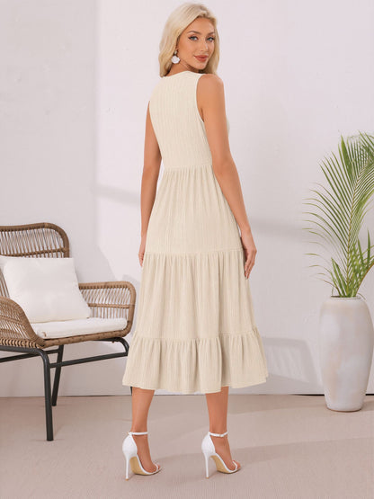Button Decor Notch Neck Sleeveless A-Line Tiered Dress