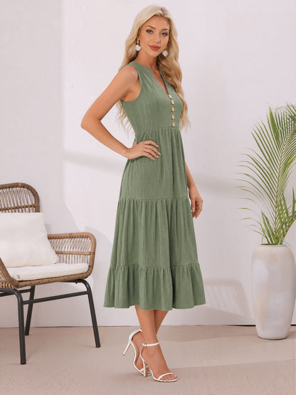 Button Decor Notch Neck Sleeveless A-Line Tiered Dress