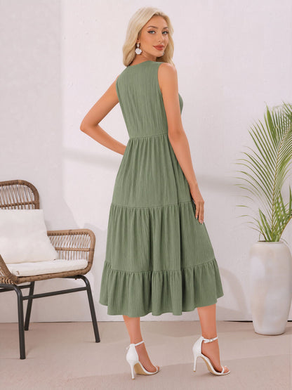 Button Decor Notch Neck Sleeveless A-Line Tiered Dress