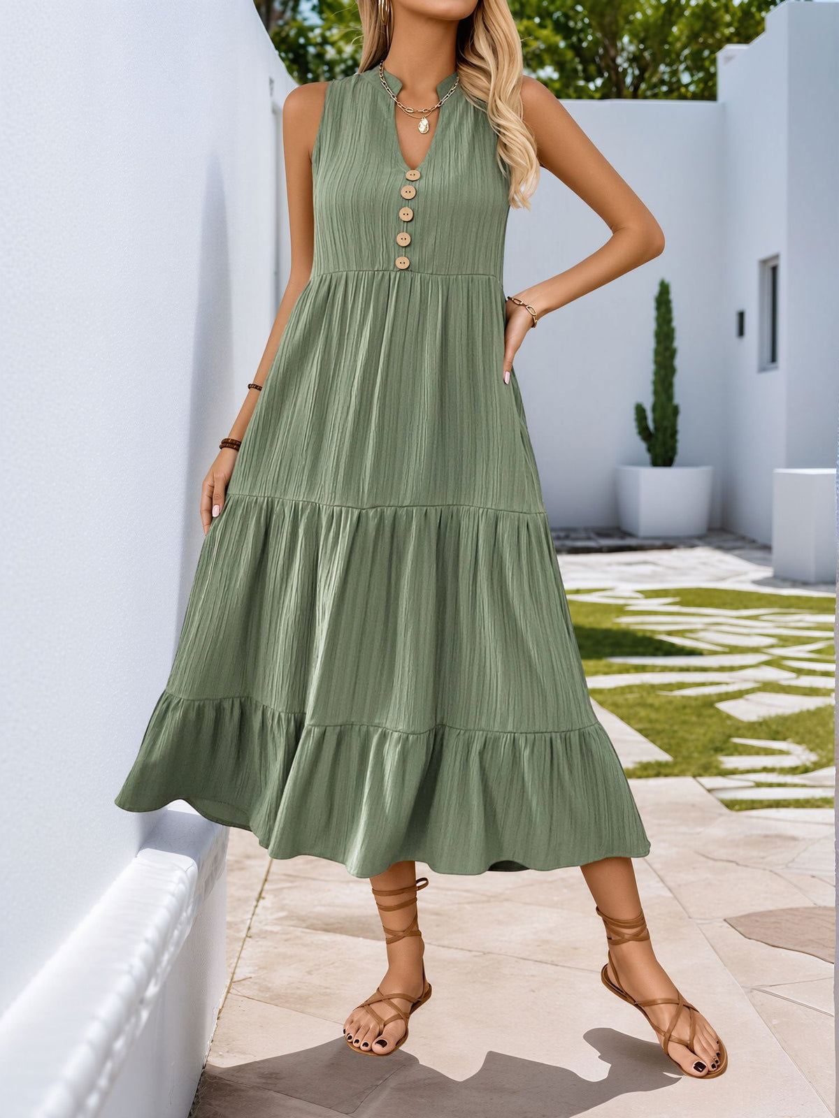Button Decor Notch Neck Sleeveless A-Line Tiered Dress