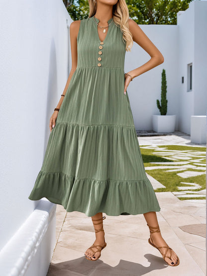 Button Decor Notch Neck Sleeveless A-Line Tiered Dress