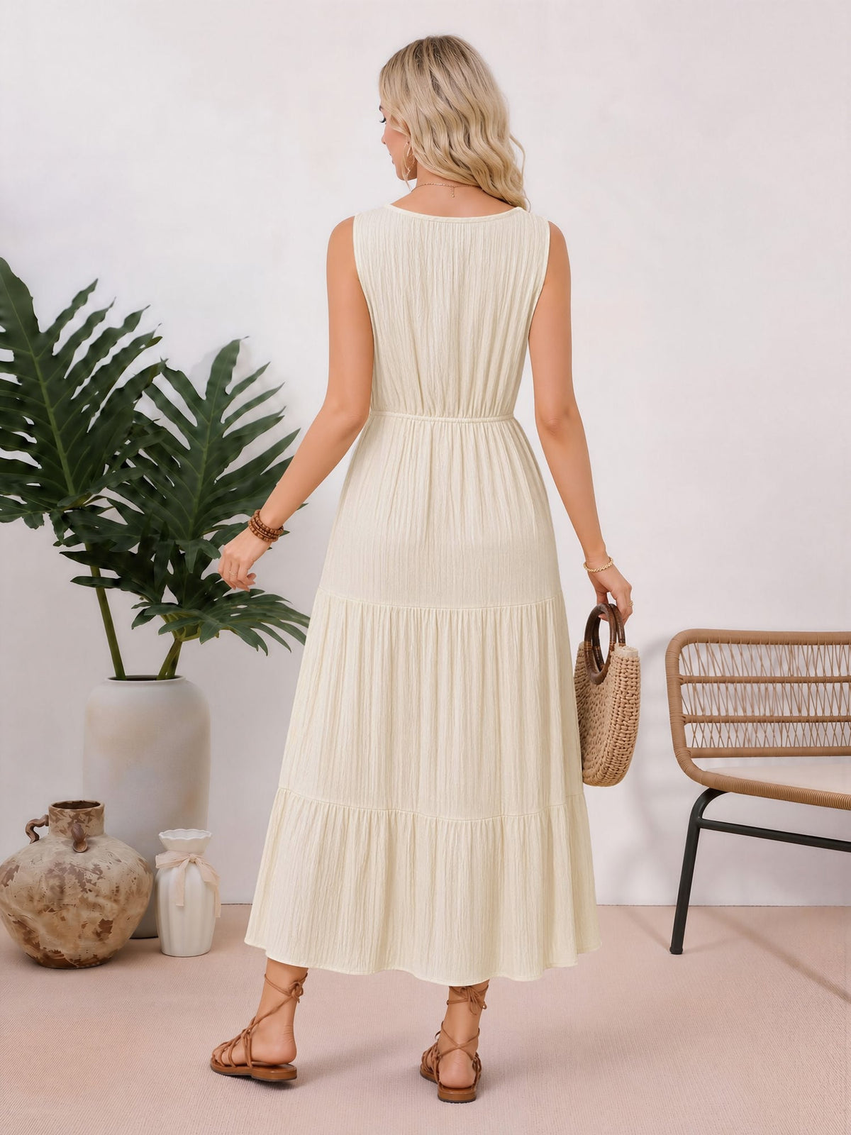Textured Sleeveless V Neck Tiered A-Line Dress