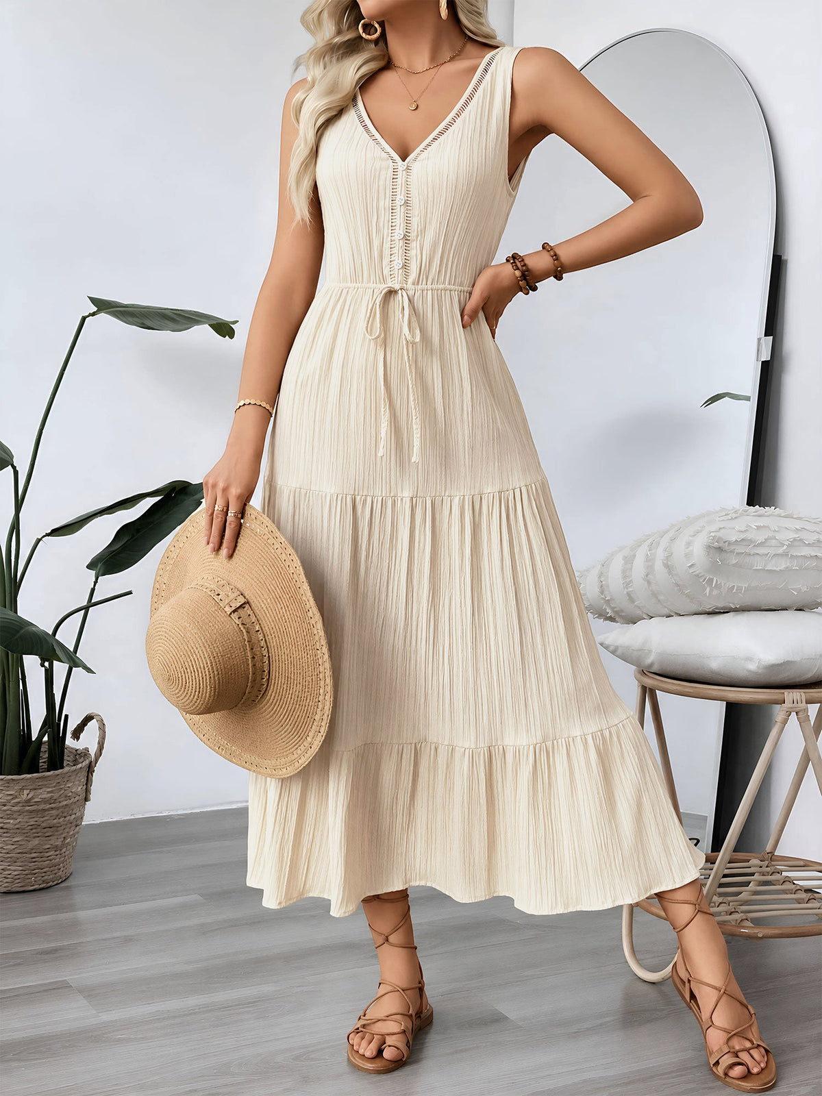 Textured Sleeveless V Neck Tiered A-Line Dress