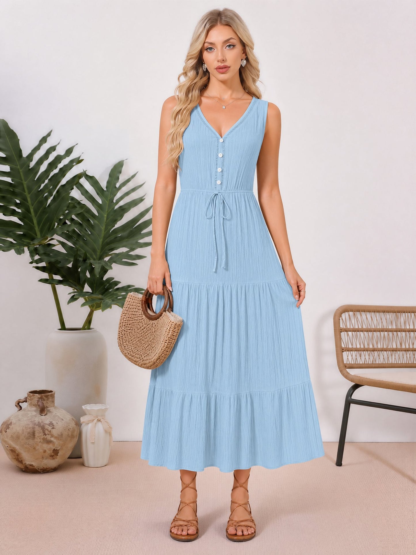 Textured Sleeveless V Neck Tiered A-Line Dress