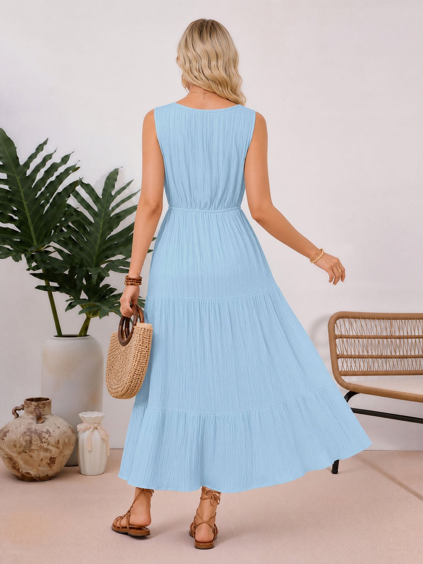 Textured Sleeveless V Neck Tiered A-Line Dress