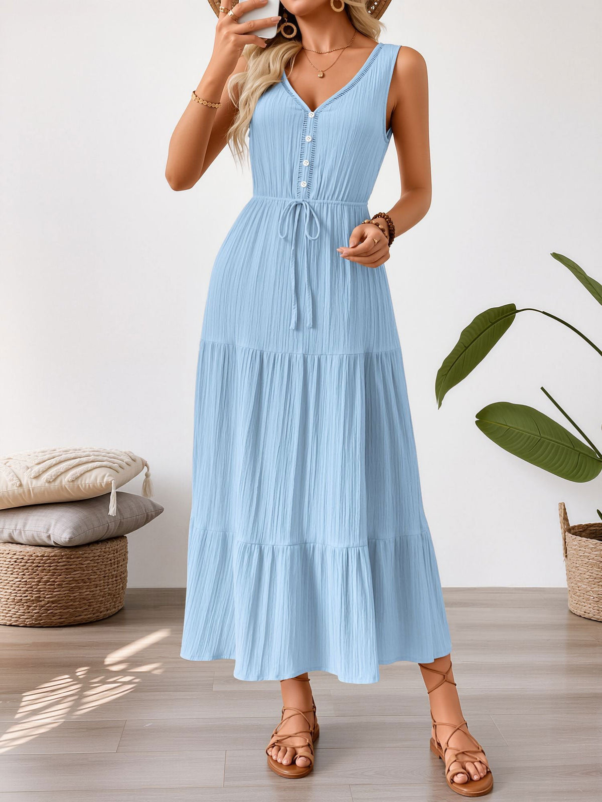 Textured Sleeveless V Neck Tiered A-Line Dress