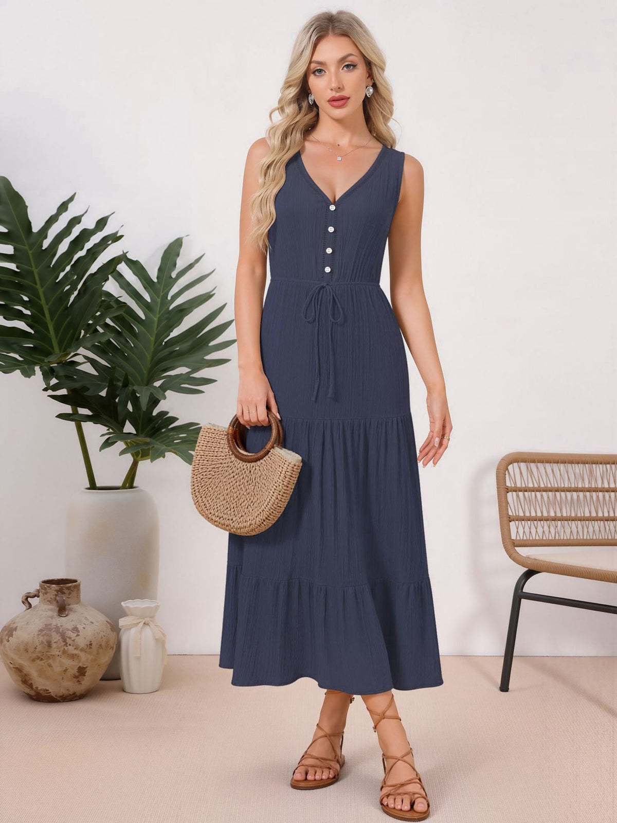 Textured Sleeveless V Neck Tiered A-Line Dress