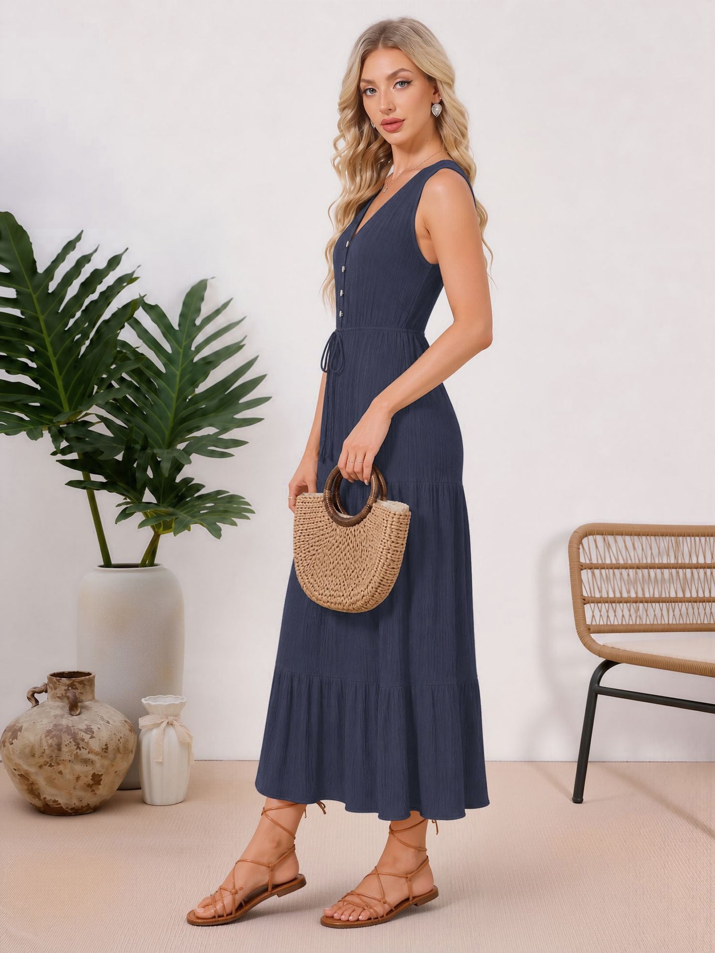 Textured Sleeveless V Neck Tiered A-Line Dress