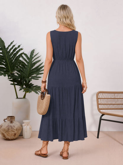 Textured Sleeveless V Neck Tiered A-Line Dress