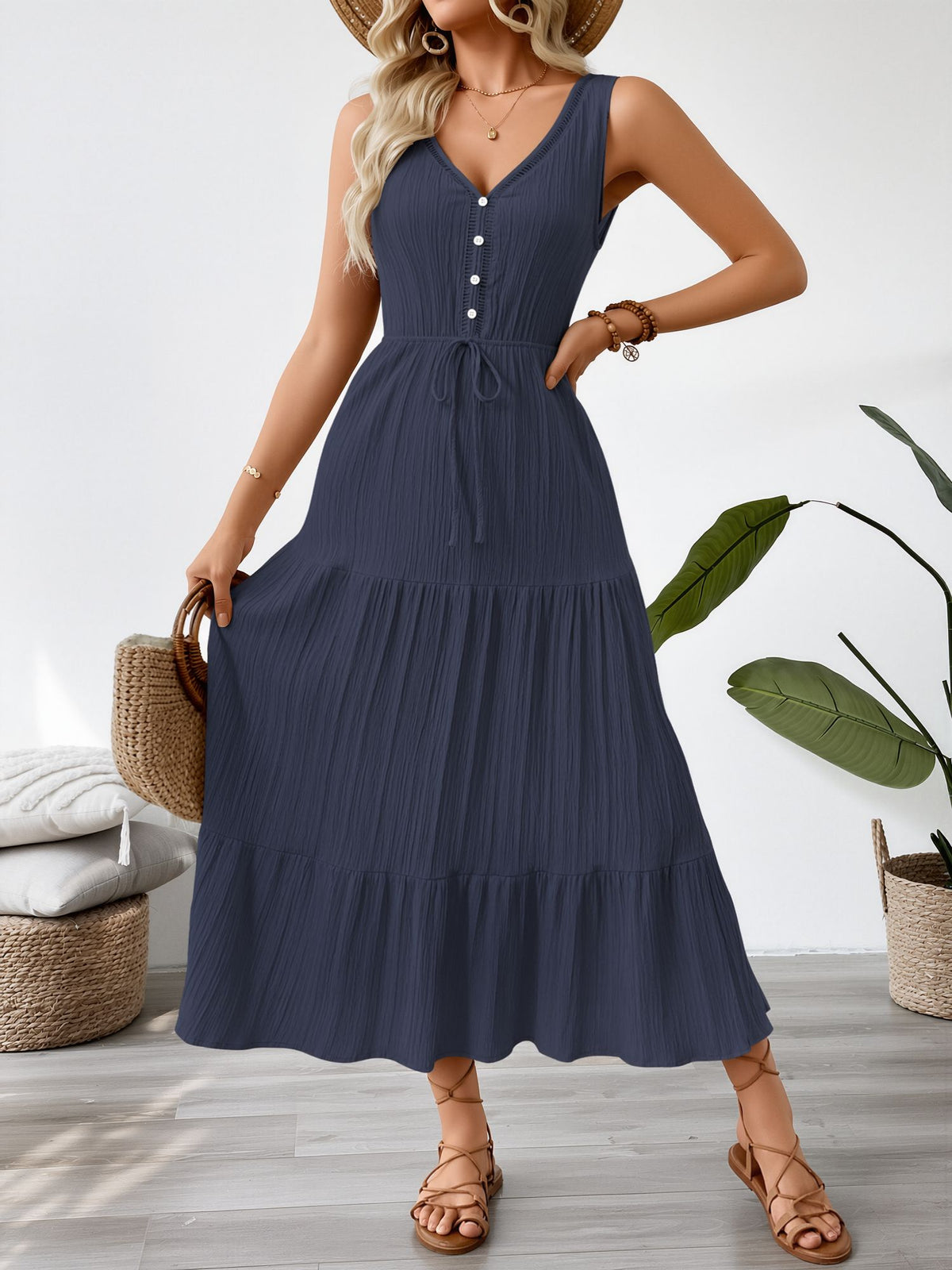 Textured Sleeveless V Neck Tiered A-Line Dress
