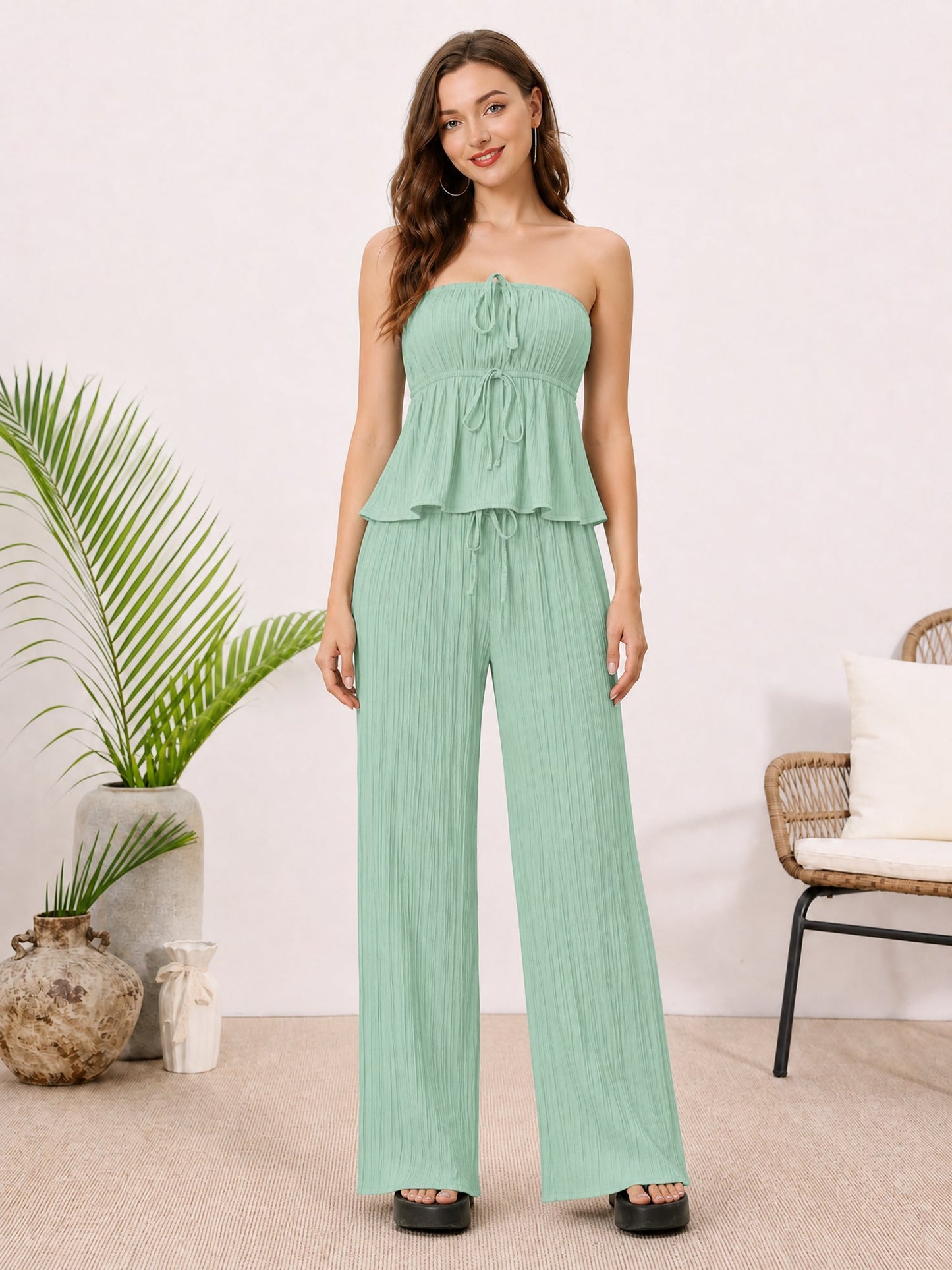 2 Pieces Vacation Style Matching Set Strapless Ruffled Cropped Top and Wide-Leg Pants