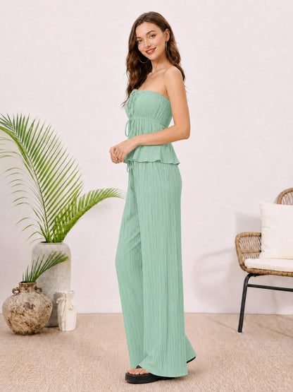 2 Pieces Vacation Style Matching Set Strapless Ruffled Cropped Top and Wide-Leg Pants