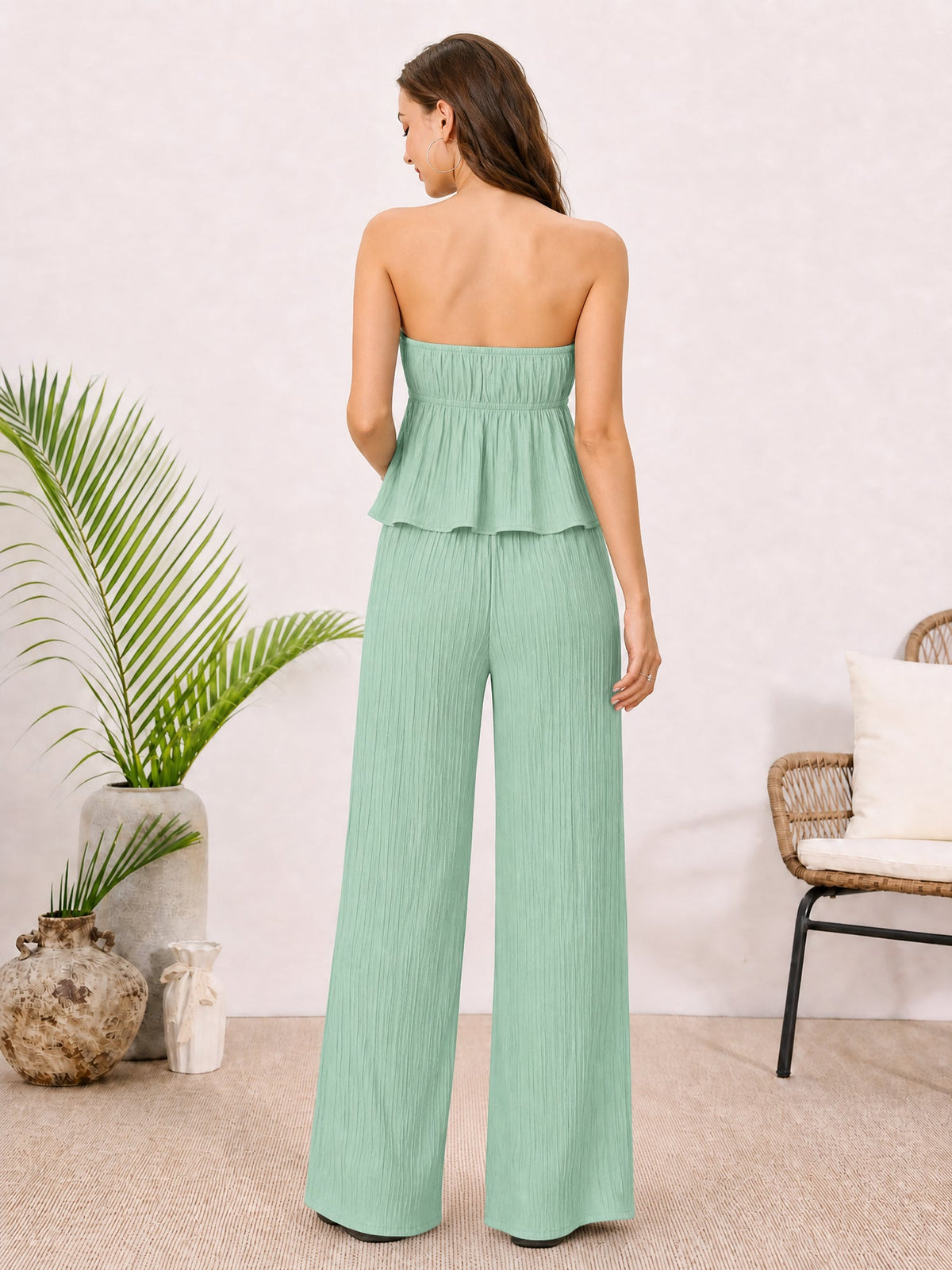 2 Pieces Vacation Style Matching Set Strapless Ruffled Cropped Top and Wide-Leg Pants