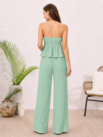 2 Pieces Vacation Style Matching Set Strapless Ruffled Cropped Top and Wide-Leg Pants