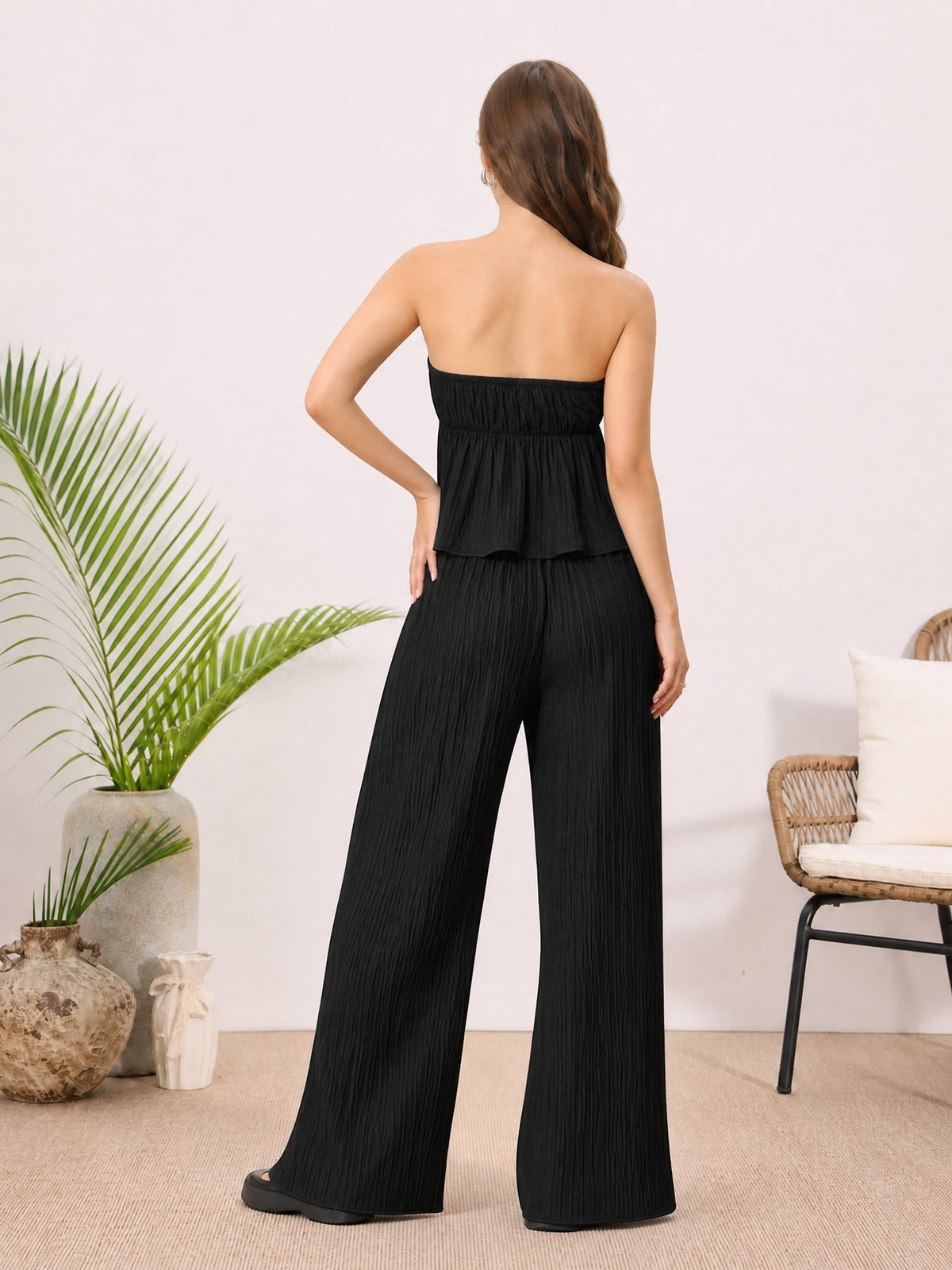 2 Pieces Vacation Style Matching Set Strapless Ruffled Cropped Top and Wide-Leg Pants