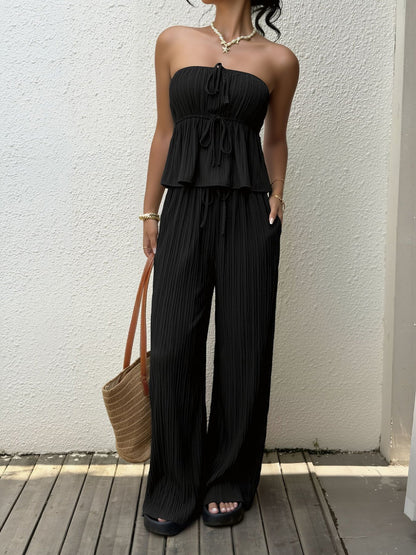 2 Pieces Vacation Style Matching Set Strapless Ruffled Cropped Top and Wide-Leg Pants